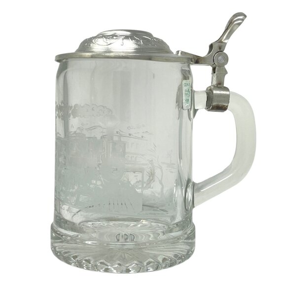 Vintage ALWE West Germany Glass Beer Stein Mug Pewter Lid Frosted Train Scene - Picture 2 of 16